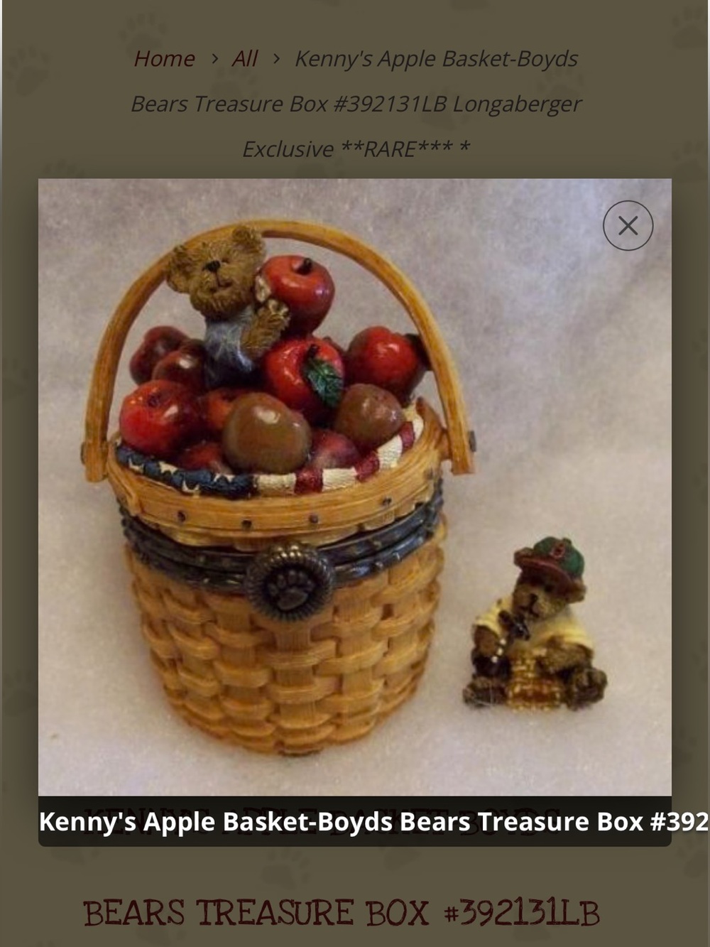Boyds Bears Kenny’s Apple Basket BearTreasure Box,# 392131LB Longaberger .”rare”